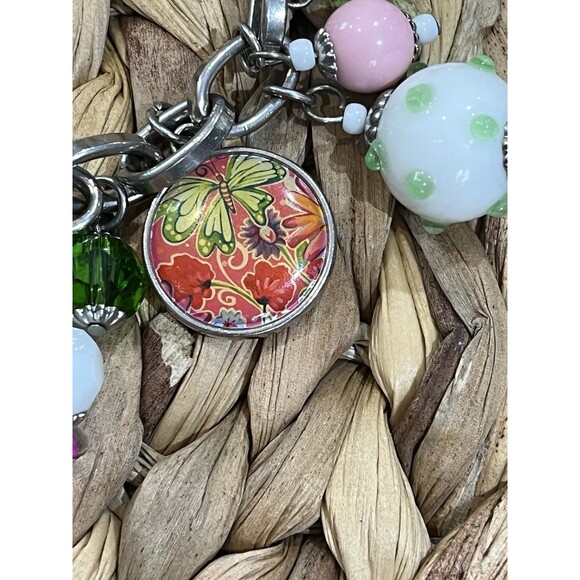 VTG Y2K Charm Cha Cha Bracelet Lampwork Glass & Floral Beads Silver Tone 7-8.25 - Picture 5 of 9